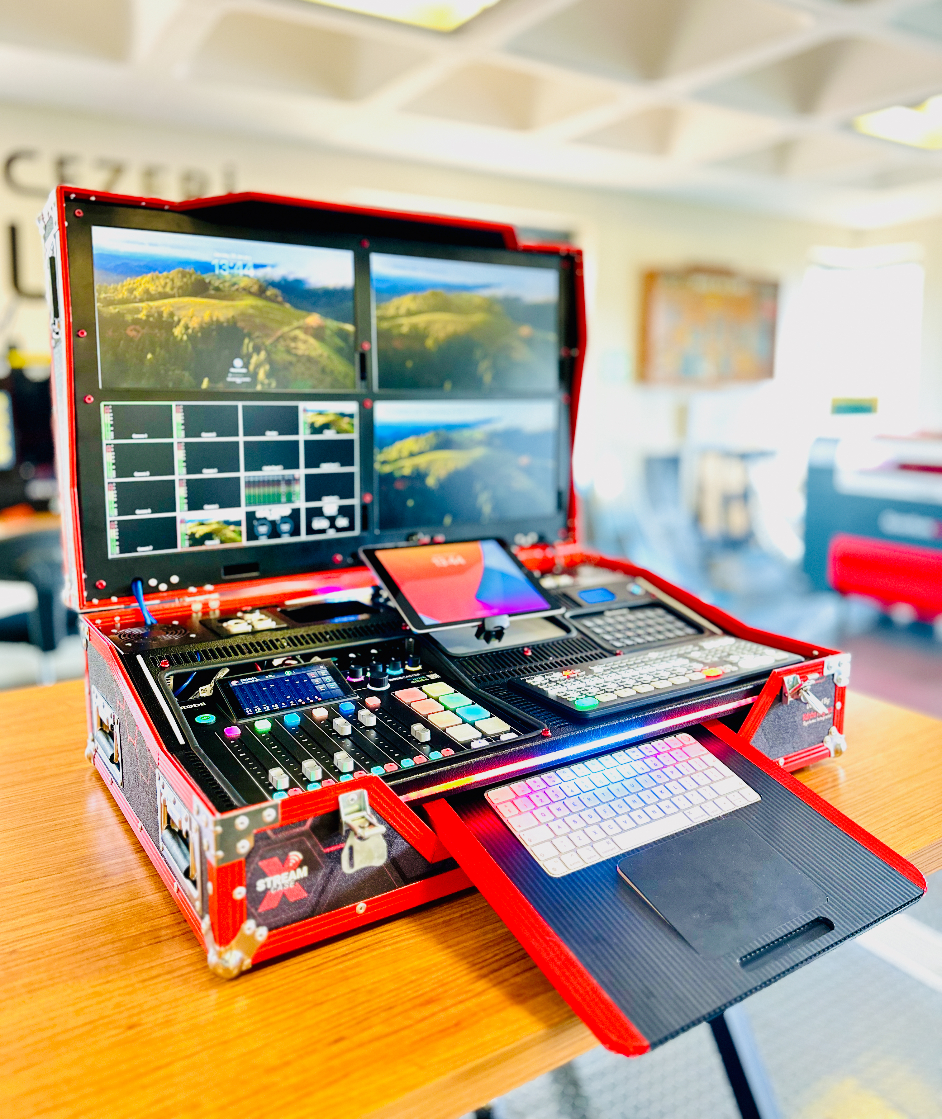 Podcast control room with XStreamCase console and microphones
